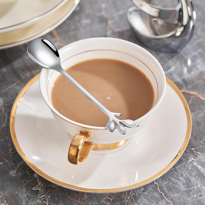AnSaw Silver Small Coffee Spoon Holder Set,Swan Base With 10 Pcs Demitasse Espresso Spoons Set,4.7" Mini Leaf Dessert Spoon,Stainless Steel Tea Spoons - Image 9