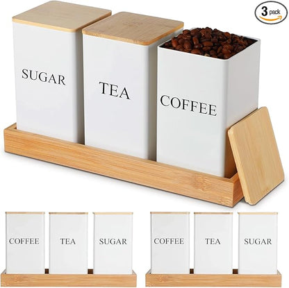 3 Pack Coffee Tea Sugar Container with Tray Airtight Metal Canister with Bamboo Lid Tray for Kitchen Counter Dining Room Farm House Kitchen Style Drink Station Organizer Set(White)