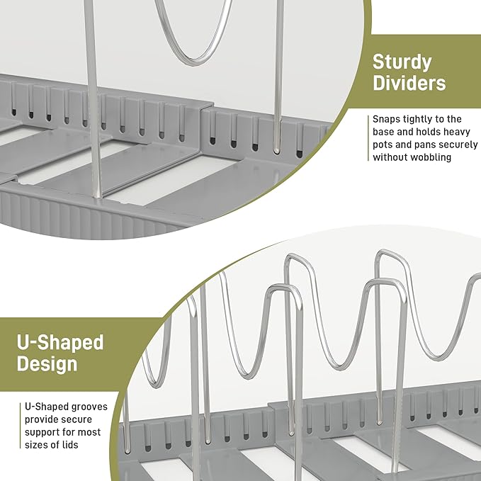 Pots and Pans Organizer for under Cabinet, Pan Pot Organizers inside Cabinet, Expandable Organizer with 12 Adjustable Dividers for Cookie Sheets, Cutting Boards, Pot Lids, Cookware - Pan Rack, Grey - Image 6
