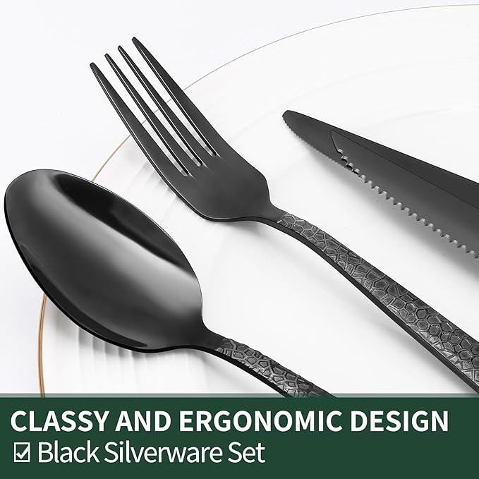 EWFEN 24-Piece Black Silverware Set with Steak Knives, Black Flatware Set for 4, Food-Grade Stainless Steel Tableware Cutlery Set, Mirror Finished Utensil Sets for Home Restaurant, Hammered Edge - Image 3