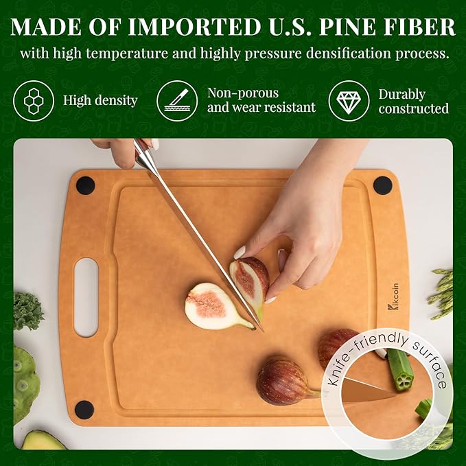 Kikcoin Wood Cutting Board, Cutting Boards for Kitchen Dishwasher Safe Non-slip Chopping Board with Juice Groove, Wood Fiber Composite Cutting Board with Handle, 14.6"*10.8" - Image 3