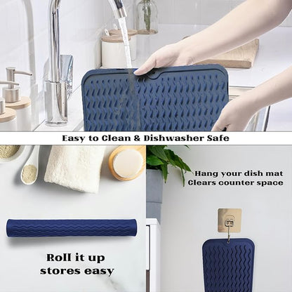 ZLR Silicone Dish Drying Mat & Heat Resistant Trivet (12" x 16") - Waterproof Counter Protector for Air Fryer, Coffee Maker - Non-Slip, BPA Free Kitchen Pad, Easy Clean Dishwasher Safe (Midnight Blue) - Image 4