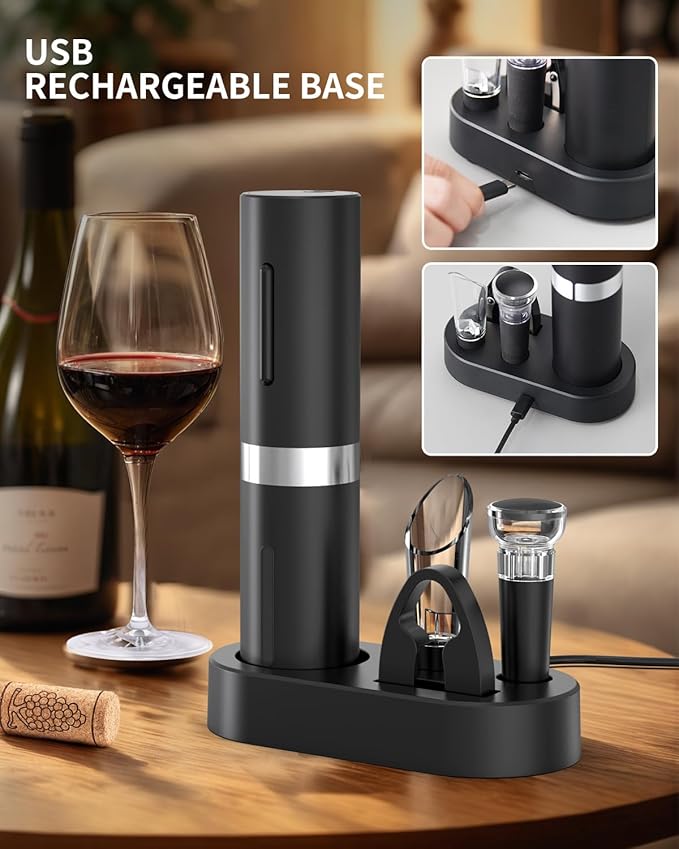 CIRCLE JOY Electric Wine Bottle Opener Set Rechargeable Wine Corkscrew Cordless Wine Set with Charging Base, Foil Cutter, Wine Aerator Pourer and Wine Stopper, Black - Image 4