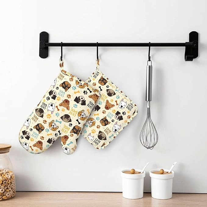Cute Dog Oven Mitts and Pot Holders Set - Heat Resistant (500°F) Non-Slip Silicone Kitchen Gloves for Cooking, Baking, Grilling & BBQ - Kitchen Accessories for Women/Men, Gift Idea