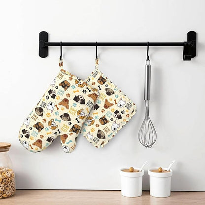 Cute Dog Oven Mitts and Pot Holders Set - Heat Resistant (500°F) Non-Slip Silicone Kitchen Gloves for Cooking, Baking, Grilling & BBQ - Kitchen Accessories for Women/Men, Gift Idea