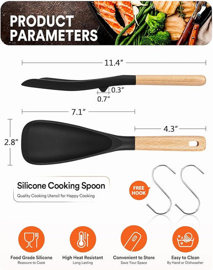 Cooking Spoon for Nonstick Cookwares, Great for Cooking and Serving Sturdy BPA-Free Matte Silicone, Wood Handle Spoon for Mixing, Scoop, and Scrape (Black & Red, 11.4 inch) - Image 2