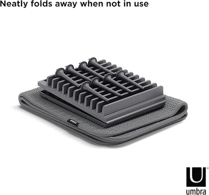 Umbra Udry Dish Rack with Movable Pegs and Microfiber Drying Mat – Space-Saving Design Folds Up for Easy Storage, Basic Rack, Dark Grey
