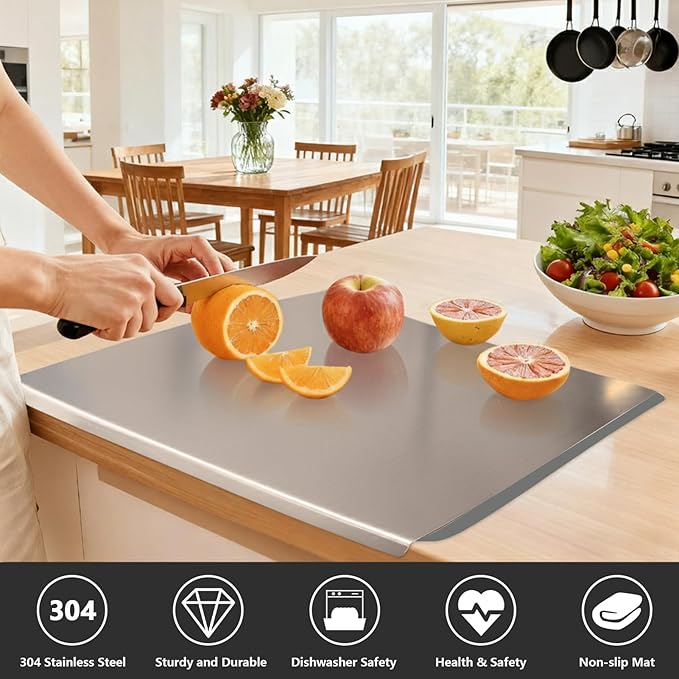 Large Stainless Steel Cutting Boards for Kitchen, Chopping Boards with Grey Non-slip Mat, Cutting Board with Counter Lip for Meat, Fruits, Vegetables, Bread,Dough(15.75" × 11.81")