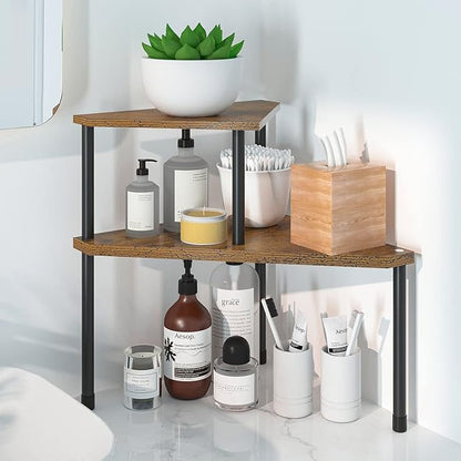 Weenson Kitchen Countertop Organizer Spice Rack for Salt, Bathroom Counter Organizer Over Sink for Toiletries, Makeup, 2-Tier Corner Counter Shelf for Coffee Area Storage Dresser Table(Rust Brown)