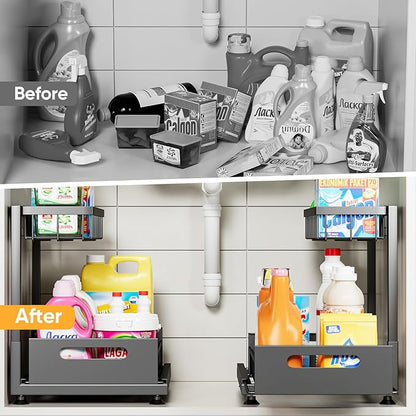 Saydear Under Sink Organizer Storage 2-Tier Premium Metal Pull-Out Kitchen Cabinet Organizer with Sliding Drawer, Height Adjustable, Heavy Duty for Kitchen & Bathroom Organizers 2 Pack Black - Image 3