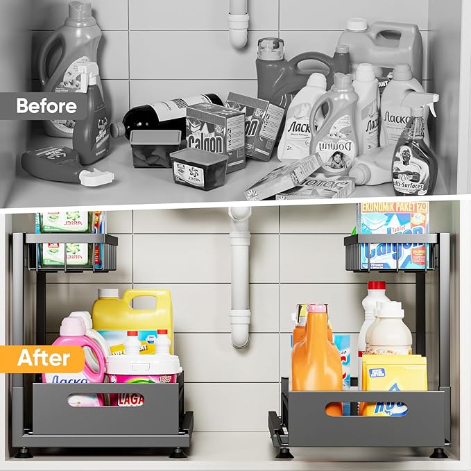 Saydear Under Sink Organizer Storage 2-Tier Premium Metal Pull-Out Kitchen Cabinet Organizer with Sliding Drawer, Height Adjustable, Heavy Duty for Kitchen & Bathroom Organizers 1 Pack Black - Image 3