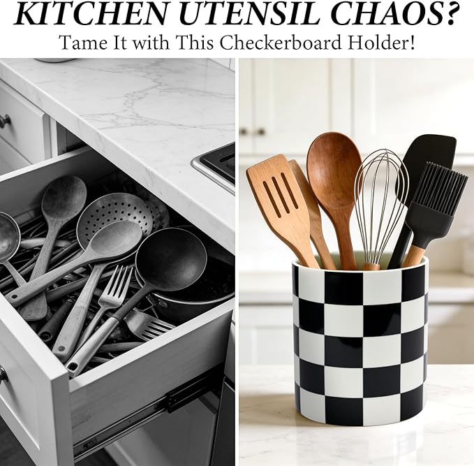 Utensil Holder for Kitchen Counter 7.2" Ceramic Utensil Holder Deep and Stable ,Kitchen Utensil Organizer, Modern Checkered Utensil Holder for Decor
