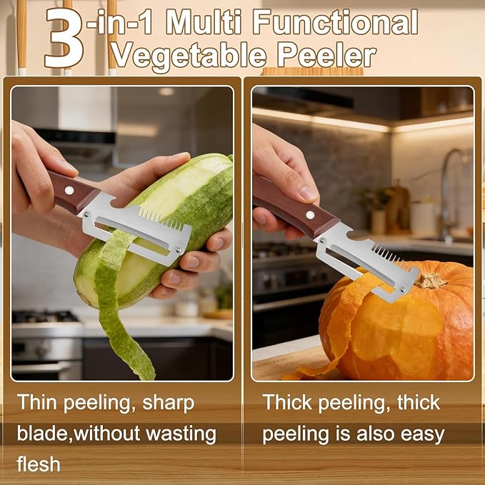 2PCS Multifunctional Vegetable Peeler, Upgrade 3-in-1 Wooden Handle Peelers with Bottle Opener, Premium Stainless Steel Peeler, Fruit Knife for Welsh Onion, Potato, Carrot, Apple, Pumpkin with a Brush - Image 5