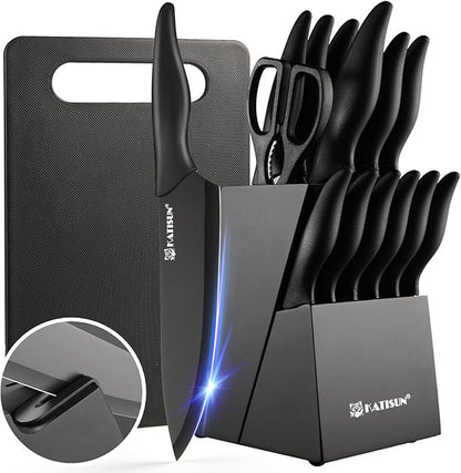 16 Pieces Kitchen Knife Block Set with Cutting Board, German Stainless Steel Knife Set with Sharpener, Dishwasher Safe, Anti-Slip Handle, 6 Steak Knives, Black by KATISUN