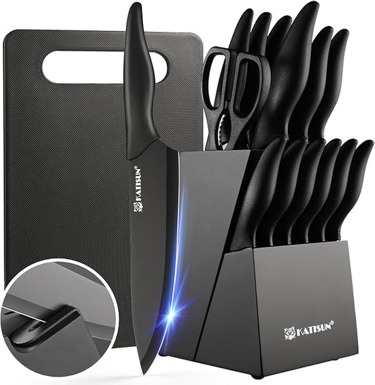 16 Pieces Kitchen Knife Block Set with Cutting Board, German Stainless Steel Knife Set with Sharpener, Dishwasher Safe, Anti-Slip Handle, 6 Steak Knives, Black by KATISUN