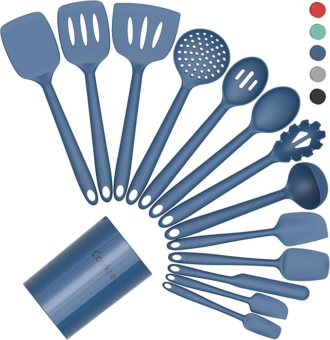 Coukre Silicone Kitchen Cooking Utensils Set with Holder – Heat-Resistant, Food-Grade Kitchen Tools, Spatula, Spoon & Gadgets for Non-Stick Pans, Dishwasher Safe (14, PureDarkBlue) by Coukre