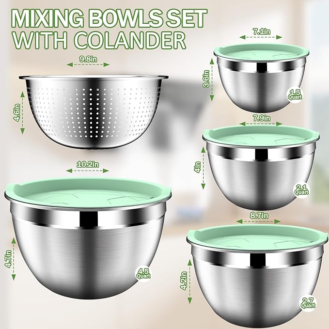 DUTZUN Mixing Bowls with Lids Set, Stainless Steel Mixing Bowl Set with Colander, Strainer with Bowls - Pistachio - Image 2