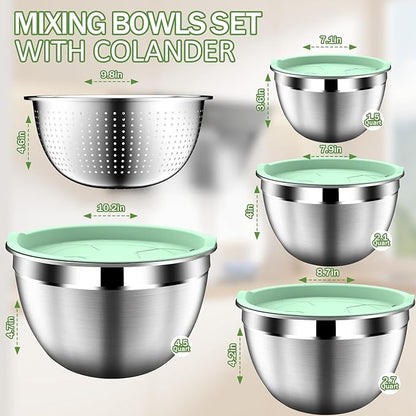 DUTZUN Mixing Bowls with Lids Set, Stainless Steel Mixing Bowl Set with Colander, Strainer with Bowls - Pistachio - Image 2