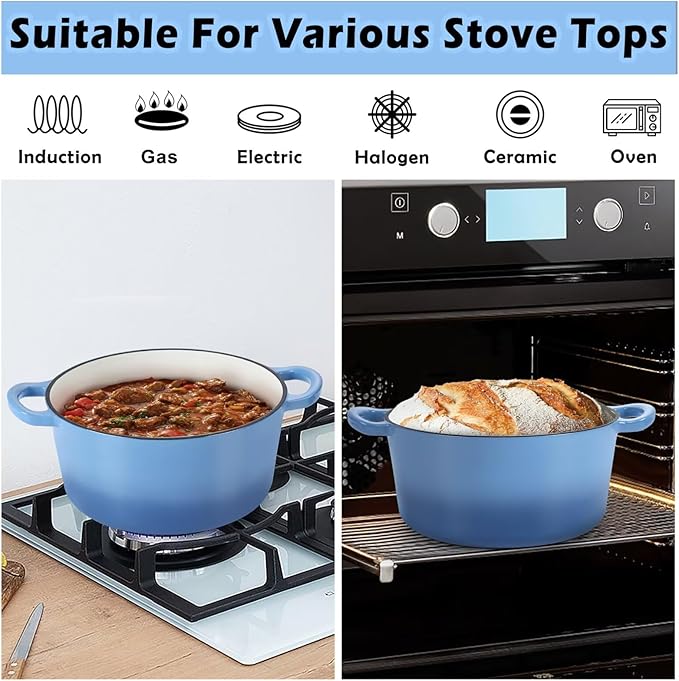 TeamFar 6QT Dutch Oven with Lid, Enameled Nonstick Cast Iron Dutch Oven Cooking Pot for Stewing Baking Braising, Various Stoves & Oven Safe, Toxic Free & Solid, Dual Handles & Easy Cleanup - Blue - Image 7