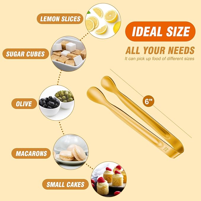 12 PCS Small Serving Tongs, 6" Mini Gold Sugar Tongs, Stainless steel Small Kitchen Tiny Food Tongs for Serving Food, Coffee Bar, Tea Party, Desserts Party and Ice Bucket - Image 3