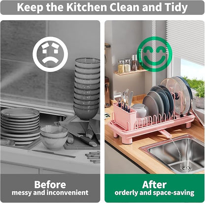 SanDream Small Dish Drying Rack with Removable Utensil Holder & Anti-Scratch Base - Stainless Steel Dish Rack, Dish Drying Rack with Drainage & Space Saving Design for Kitchen Counter, Pink - Image 6