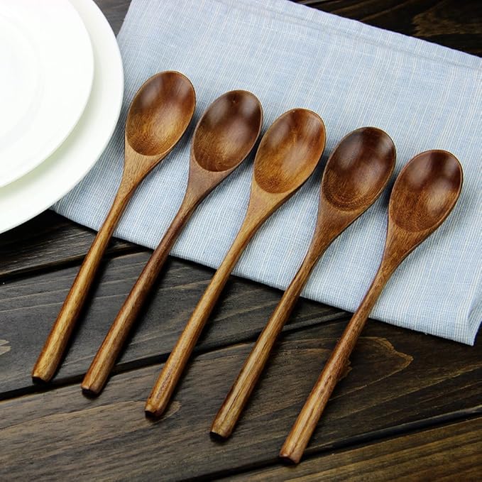 AOOSY Spoons, Wooden Spoons for Eating, 6 Pieces Japanese Natural Soup Spoons Wooden Spoon for Cooking Mixing Stirring Honey Tea Soda Dessert Coconut Bowl Nonstick Pots Kitchen - Image 2