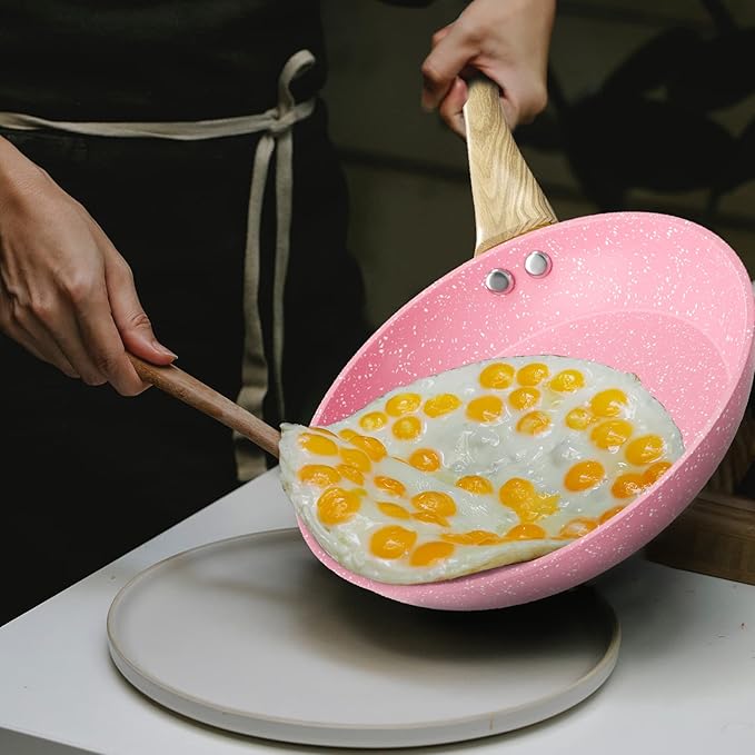 Frying Pan Nonstick, 11 Inch Pink Egg Pan, Non Stick Fry Pan 100% PTFE PFOA-Free Omelet Pan, Toxin-Free Skillets Stone Cookware, Anti-Warp Base with All Stove Tops Available, Induction Compatible - Image 9