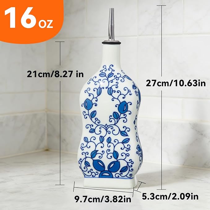 Ceramic Oil Dispenser 16oz, Square Blue and White Olive Oil Bottle with Stainless Steel Spout & Funnel, Leak-Proof Drip-Free Oil Cruet for EVOO, Vinegar, Soy Sauce, Kitchen Use