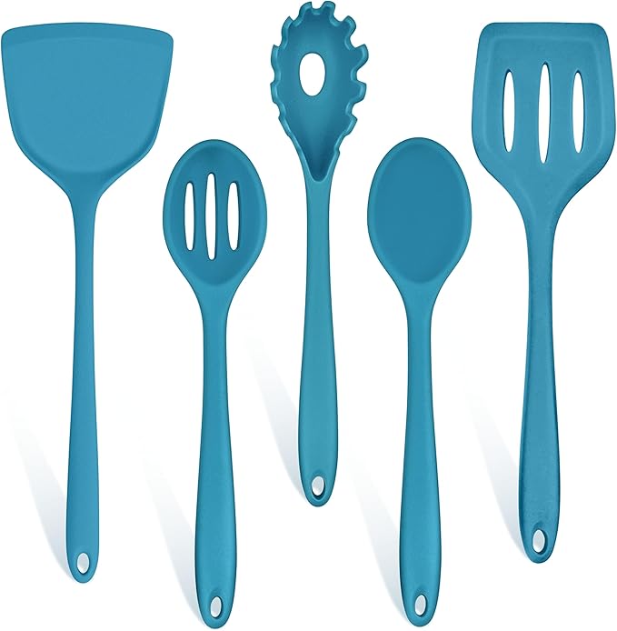 TeamFar Silicone Cooking Utensils Set, 5-Piece Heat Resistant Kitchen Utensils Set, Nonstick Slotted Solid Spoon Turner Pasta Server for Frying, Serving, Mixing, Non-Toxic & Dishwasher Safe, Dark Blue by TeamFar