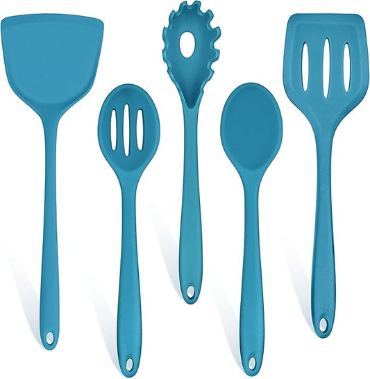 TeamFar Silicone Cooking Utensils Set, 5-Piece Heat Resistant Kitchen Utensils Set, Nonstick Slotted Solid Spoon Turner Pasta Server for Frying, Serving, Mixing, Non-Toxic & Dishwasher Safe, Dark Blue by TeamFar