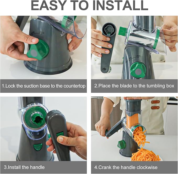 Cambom Rotary Cheese Grater Hand Crank Cheese Shredder for Fresh Cheese, Vegetable, Nuts,Non-slip Suction Base, Free Cleaning Brush Three Blades, Grey and Green - Image 7