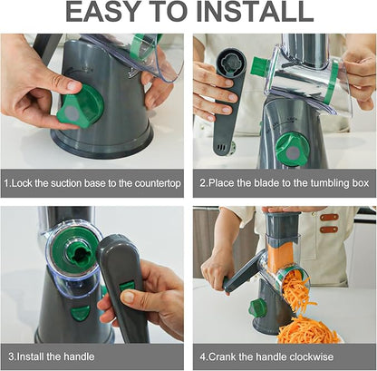 Cambom Rotary Cheese Grater Hand Crank Cheese Shredder for Fresh Cheese, Vegetable, Nuts,Non-slip Suction Base, Free Cleaning Brush Three Blades, Grey and Green - Image 7