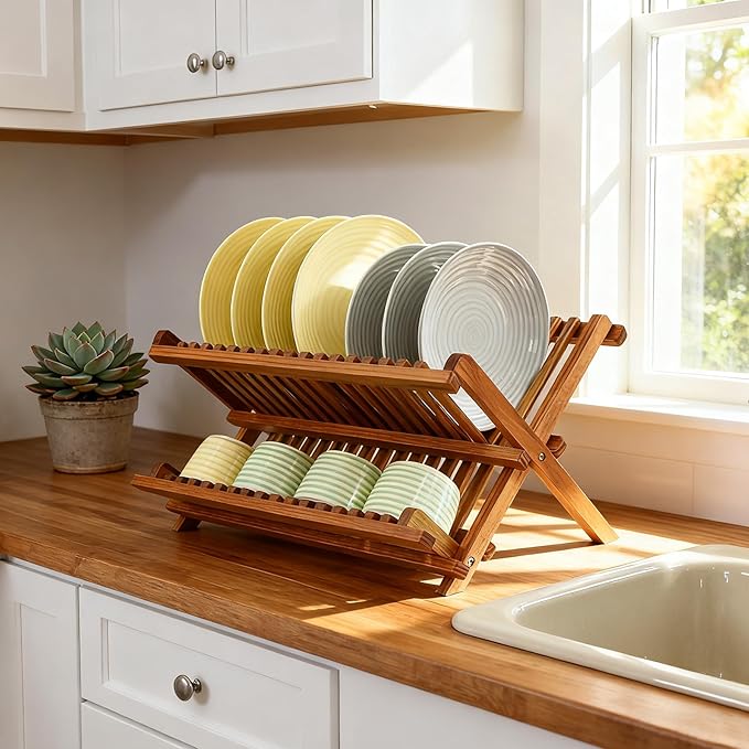Utoplike Teak Dish Drainer Rack Collapsible 2 Tier Dish Rack Dish Drying Rack Foldable Plate Organizer Holder for Kitchen Compact Countertop - Image 5