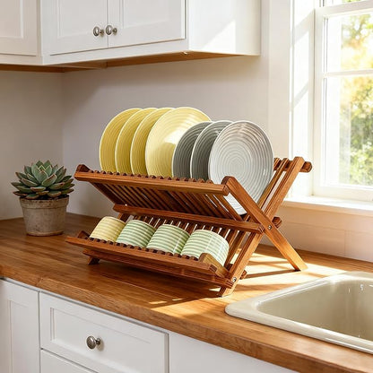Utoplike Teak Dish Drainer Rack Collapsible 2 Tier Dish Rack Dish Drying Rack Foldable Plate Organizer Holder for Kitchen Compact Countertop - Image 5