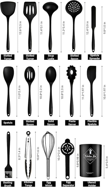 Silicone Kitchen Utensils Set - 15 Pieces Non Toxic Silicone Utensils Set For Cooking，428°F Heat Resistant Food Grade Kitchen Tools，Dishwasher Safe (Black, 15 Piece Set)