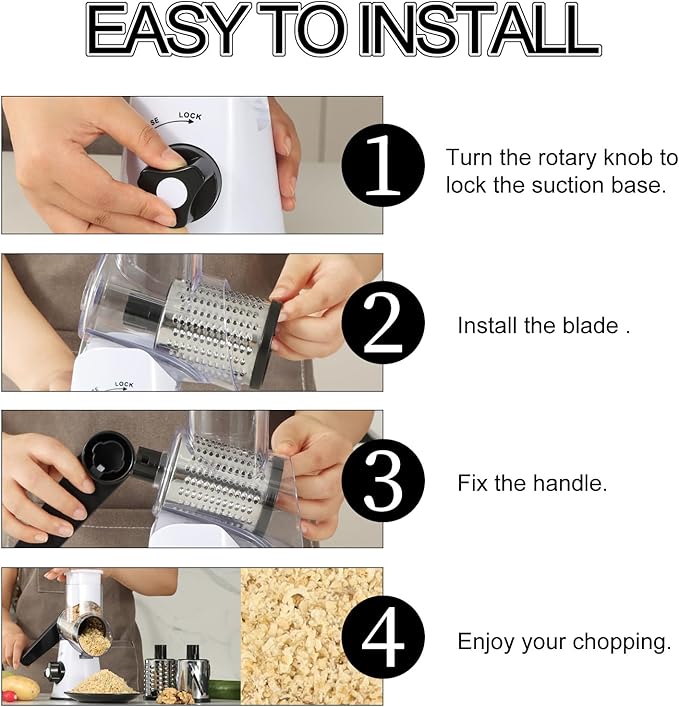 Ourokhome Rotary Cheese Grater Hand Crank, Kitchen Shredder Speed Mandolin Slicer Nuts Grinder with Handle and Drum Blades for Cheese, Vegetable, Walnuts, Chocolate, Potato, 3 Blades, White Black - Image 5