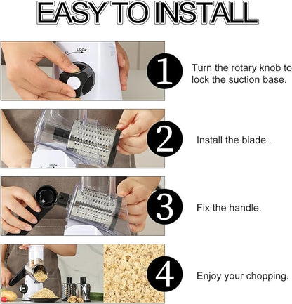 Ourokhome Rotary Cheese Grater Hand Crank, Kitchen Shredder Speed Mandolin Slicer Nuts Grinder with Handle and Drum Blades for Cheese, Vegetable, Walnuts, Chocolate, Potato, 3 Blades, White Black - Image 5