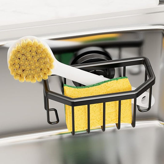 TAILI Sponge Holder with Strong Suction Cup, Dish Sponge Caddy Inside Sink Removable, Rustproof Aluminum for Sponges, Brushes, Stoppers and Scrapers - Black by TAILI
