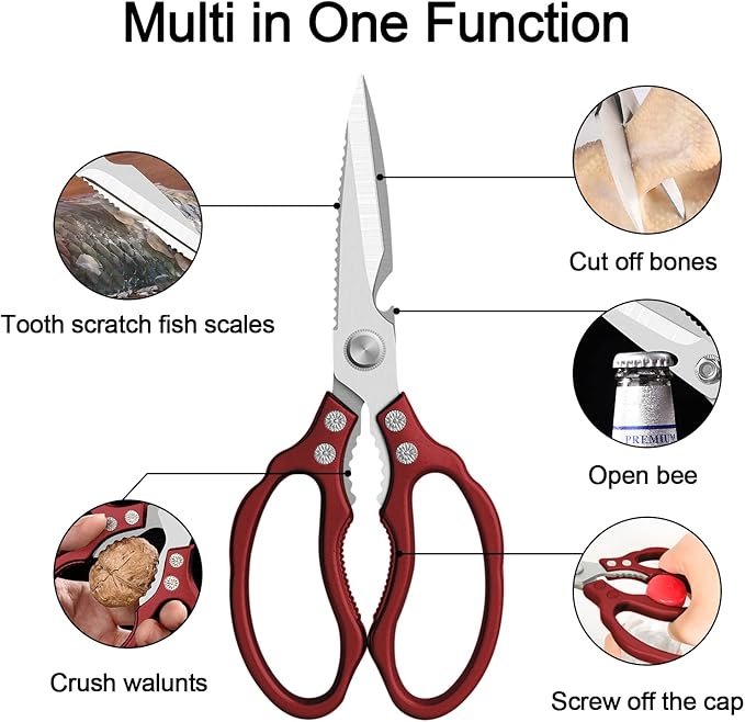 CGBE Kitchen Scissors All Purpose Heavy Duty, Ultra Sharp Stainless Steel Kitchen Shears Dishwasher Safe, Cooking Shears for Chicken, Poultry, Fish, Meat, Herbs & Grapes with Non-Slip Grips (Red) - Image 3