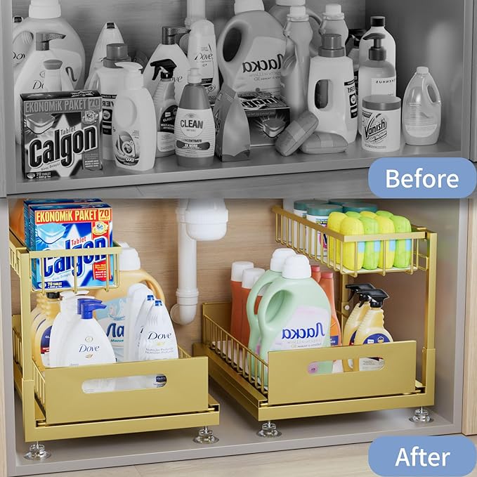 Saydear Under Sink Organizer Storage 2-Tier Premium Metal Pull-Out Kitchen Cabinet Organizer with Sliding Drawer, Height Adjustable, Heavy Duty for Kitchen & Bathroom Organizers 2 Pack Gold - Image 2