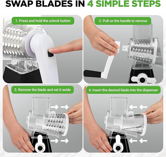 Nutrichef 3 in 1 Cheese Grater & Shredder | Strong Suction Base, Rotary Handle with Safety Lock | Includes Hand Crank & 3 Drum Blades for 3 Textures, Fine, Medium & Strips | Black - Image 3