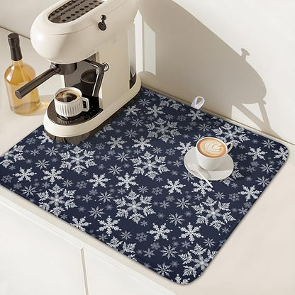 Christmas Dish Drying Mat for Kitchen Counter 18x16 Inch Xmas Snowflake Drying Mat with Absorbent Reversible Microfiber Blue Dish Drainer Mats Rack Pad for Coffee Countertop Protector