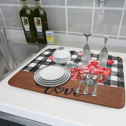 Valentine's Day Red Heart Truck Dish Drying Mat for Kitchen Counter,Black White Buffalo Plaid Love Drying Mat 18 x 24 Inch with Absorbent Reversible Microfiber Dish Drying Pad for Coffee Bar - Image 6