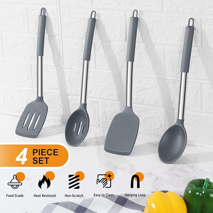 Cooking Utensils Set of 4, E-far Silicone Kitchen Utensils for Non-stick Cookware, Heat Resistant & Non-toxic Slotted Spatula Solid Spoon Turner for Flipping Mixing Serving Basting(Grey) - Image 3