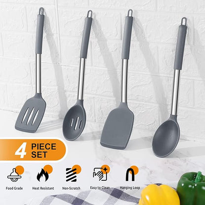 Cooking Utensils Set of 4, E-far Silicone Kitchen Utensils for Non-stick Cookware, Heat Resistant & Non-toxic Slotted Spatula Solid Spoon Turner for Flipping Mixing Serving Basting(Grey) - Image 3