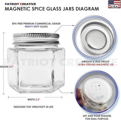 Patriot Set of 21 Large 4oz Magnetic Spice Jars for Refrigerator, Hexagon Glass Magnetic Spice Jars with Shaker Lids and Labels for Kitchen RV Travel Trailer, Magnetic Spice Containers for Fridge