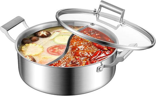 Delarlo 6.8QT Tri-Ply Stainless Steel Double-flavor Shabu Shabu Pot 12 inch Everyday Pan with Lid, Kitchen Induction,Cooking Hot Pot, Oven Safe Stock Pot, Up to 600℉