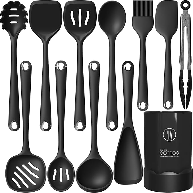 oannao Silicone Kitchen Utensils Set, 600°F Heat Resistant Silicone Cooking Utensils, Spatula, Spoon, Whisk, Tongs, Kitchen Gadgets Sets for Nonstick Cookware, Dishwasher Safe BPA Free (Black) by oannao