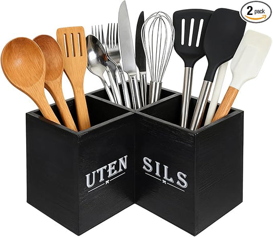 Kitchen Utensils Holder with 3 Compartments,Corner Utensil Caddy,Wooden Utensil Organizer for Countertop, Farmhouse Decor by Unknown