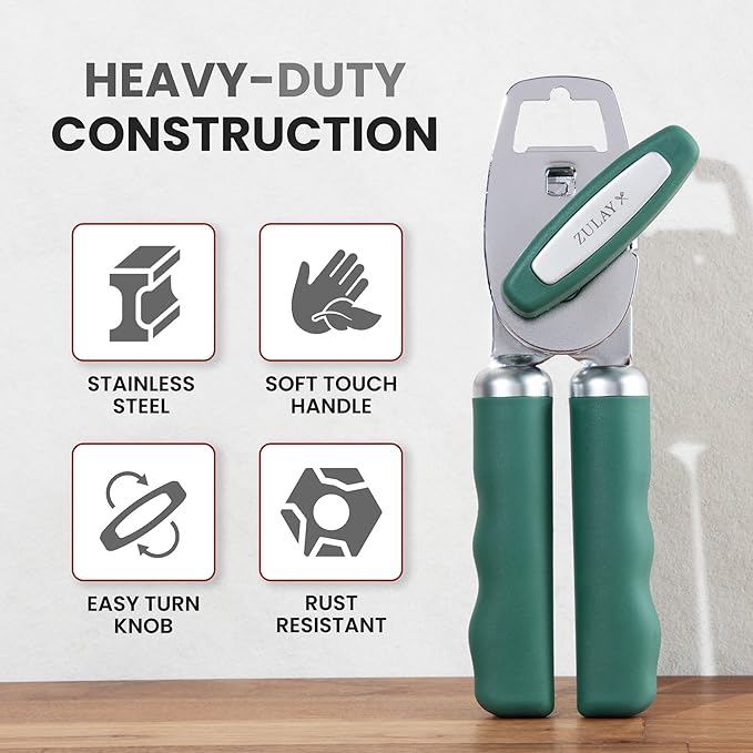 Zulay Kitchen Heavy Duty Stainless Steel Can Opener Manual with Bottle Opener - Rust Proof Manual Can Opener With Turn Knob & Comfy Soft Grip Handles - Pine Green - Image 3